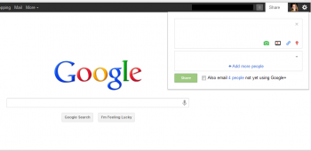 Google has added a Share feature on its homepage to allow users to post content to Google+ as soon as they hit search. Google has added a Share feature on its homepage to allow users to post content to Google+ as soon as they hit search.