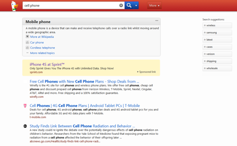 A DuckDuckGo search for "cell phones" reveals a more direct tally of results, rather than a plethora of advertisements. A DuckDuckGo search for "cell phones" reveals a more direct tally of results, rather than a plethora of advertisements.